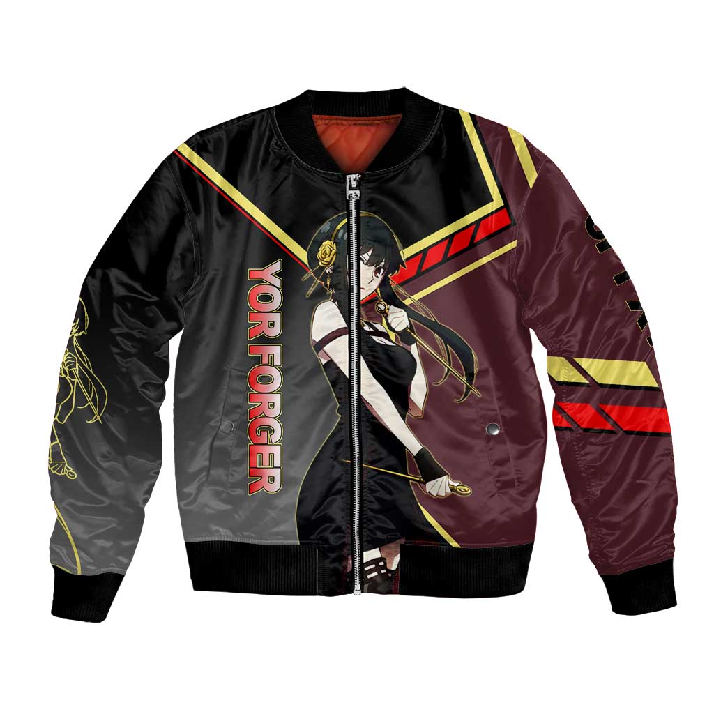 Yor Forger Spy x Family Red and Black Assassin Theme Bomber Jacket with Elegant Weapon Pose and Bold Color Accents - The Mazicc