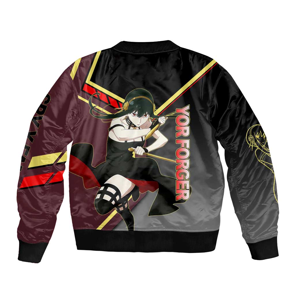 Yor Forger Spy x Family Red and Black Assassin Theme Bomber Jacket with Elegant Weapon Pose and Bold Color Accents - The Mazicc