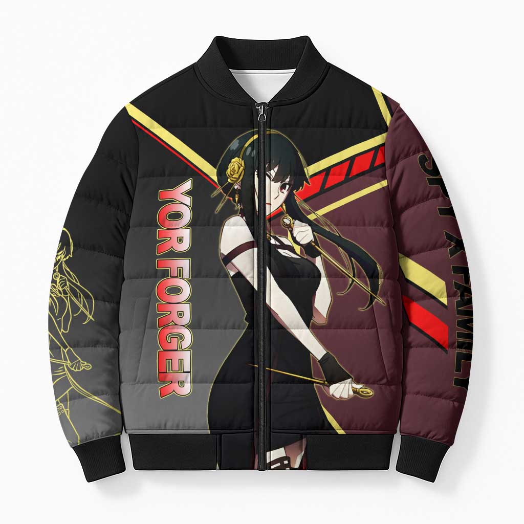 Yor Forger Spy x Family Red and Black Assassin Theme Bomber Puffer Jacket with Elegant Weapon Pose and Bold Color Accents - The Mazicc