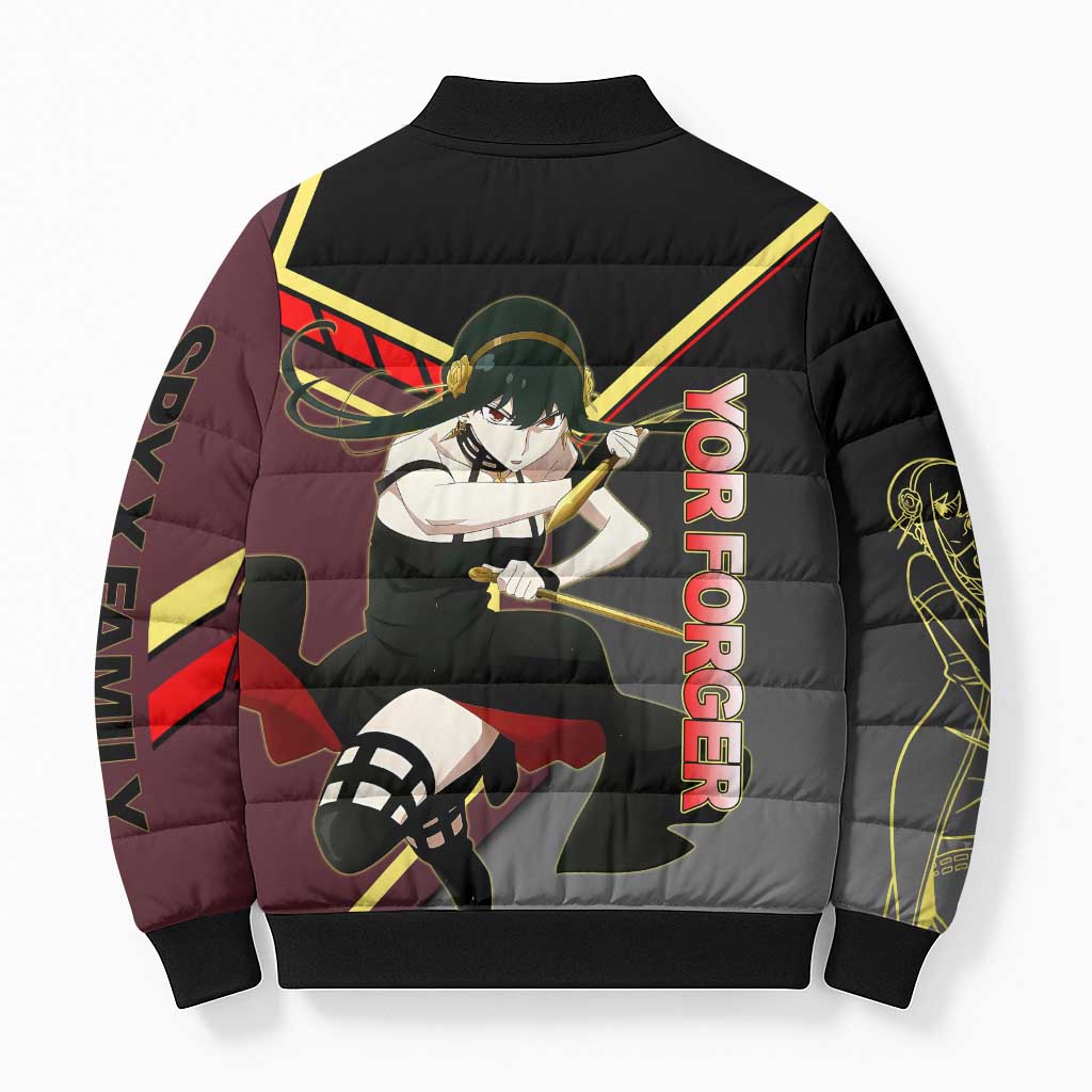 Yor Forger Spy x Family Red and Black Assassin Theme Bomber Puffer Jacket with Elegant Weapon Pose and Bold Color Accents - The Mazicc