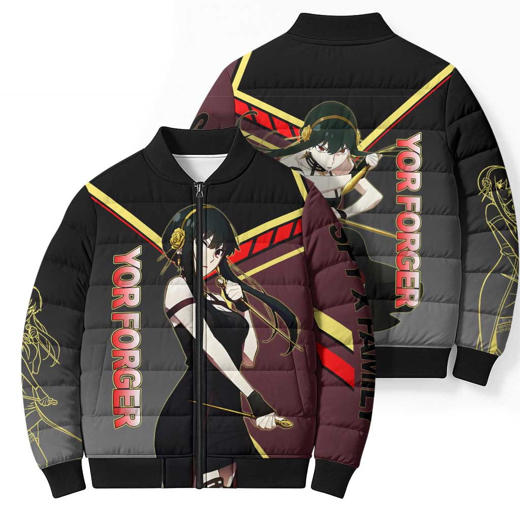 Yor Forger Spy x Family Red and Black Assassin Theme Bomber Puffer Jacket with Elegant Weapon Pose and Bold Color Accents - The Mazicc