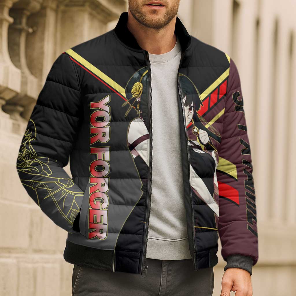Yor Forger Spy x Family Red and Black Assassin Theme Bomber Puffer Jacket with Elegant Weapon Pose and Bold Color Accents - The Mazicc
