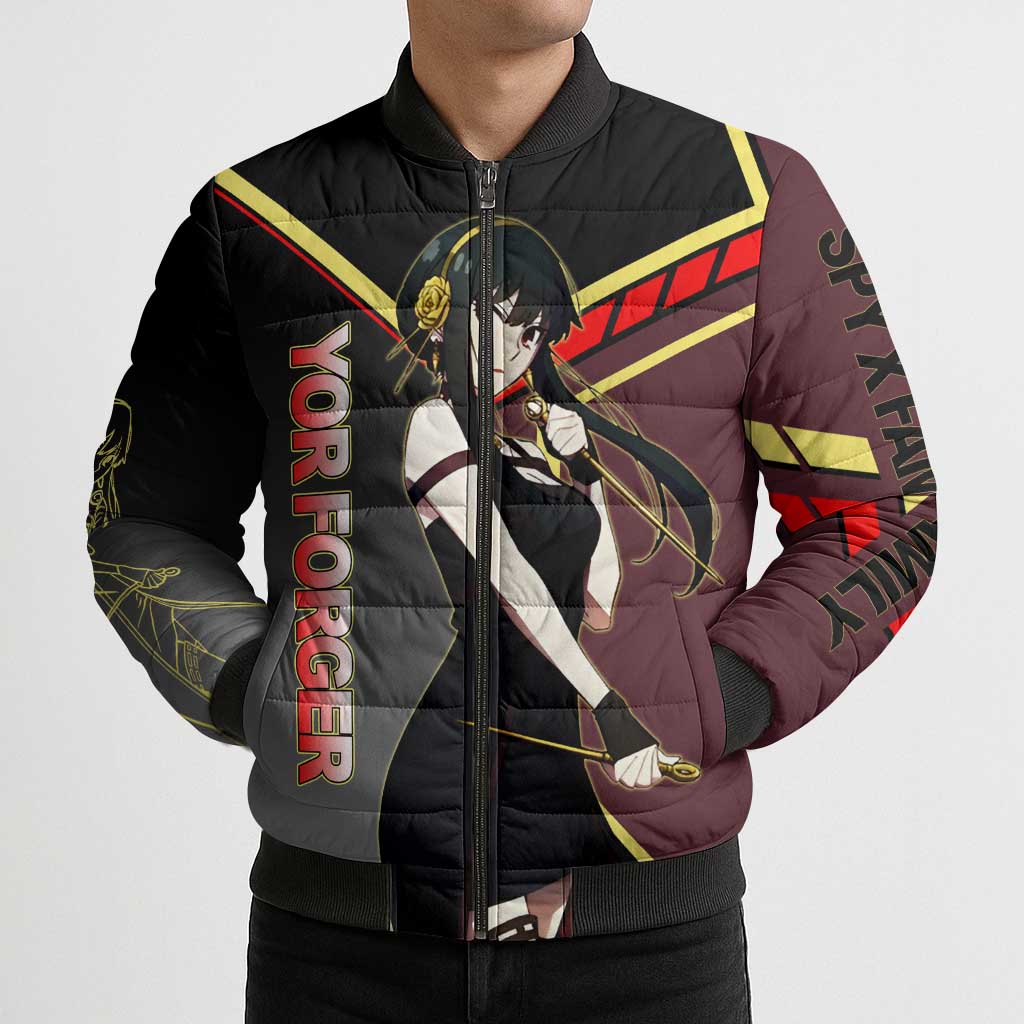 Yor Forger Spy x Family Red and Black Assassin Theme Bomber Puffer Jacket with Elegant Weapon Pose and Bold Color Accents - The Mazicc