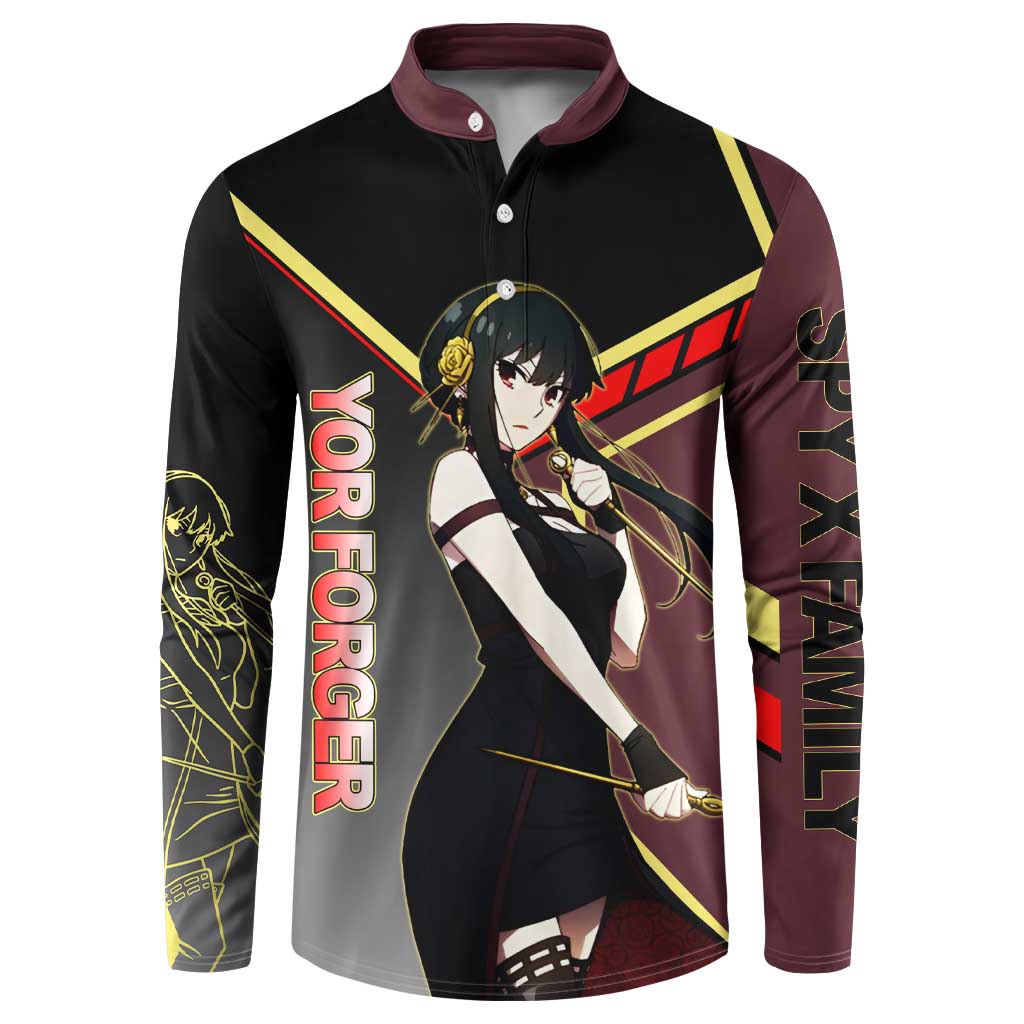 Yor Forger Spy x Family Red and Black Assassin Theme Button Sweatshirt with Elegant Weapon Pose and Bold Color Accents - The Mazicc