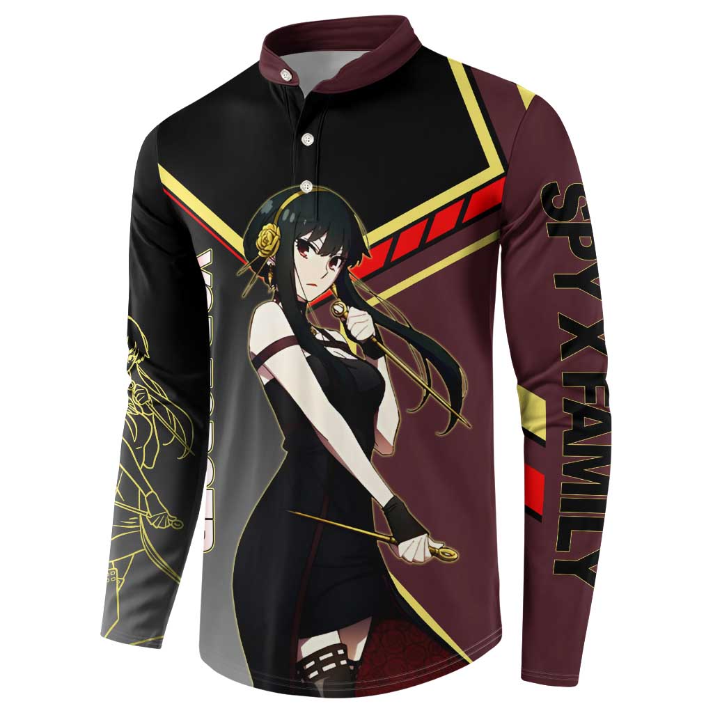Yor Forger Spy x Family Red and Black Assassin Theme Button Sweatshirt with Elegant Weapon Pose and Bold Color Accents - The Mazicc