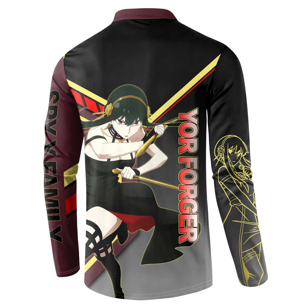 Yor Forger Spy x Family Red and Black Assassin Theme Button Sweatshirt with Elegant Weapon Pose and Bold Color Accents - The Mazicc