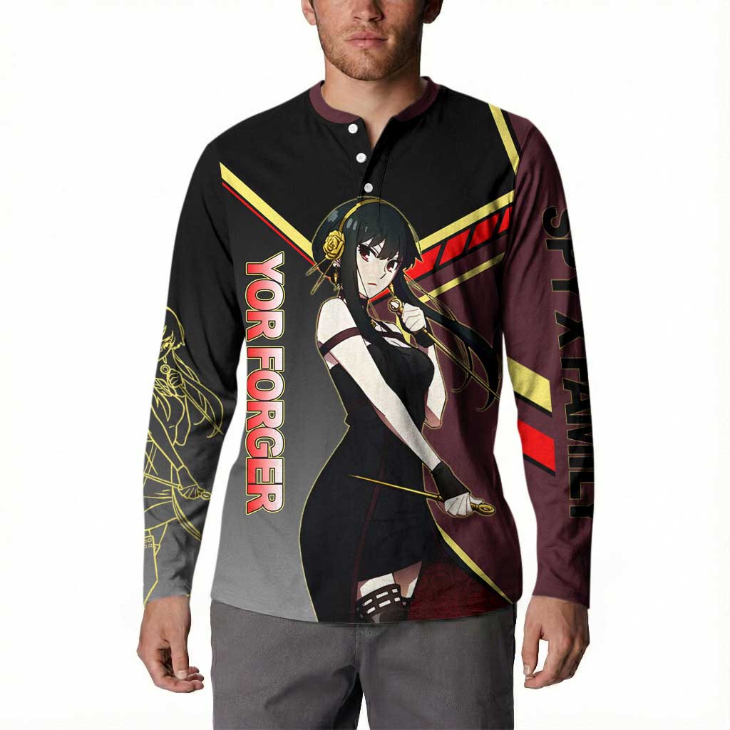 Yor Forger Spy x Family Red and Black Assassin Theme Button Sweatshirt with Elegant Weapon Pose and Bold Color Accents - The Mazicc