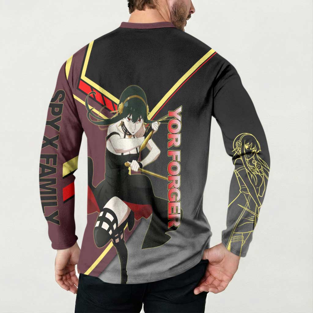 Yor Forger Spy x Family Red and Black Assassin Theme Button Sweatshirt with Elegant Weapon Pose and Bold Color Accents - The Mazicc