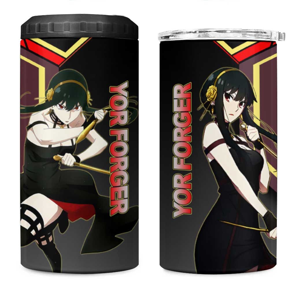Yor Forger Spy x Family Red and Black Assassin Theme 4 in 1 Can Cooler Tumbler with Elegant Weapon Pose and Bold Color Accents - The Mazicc