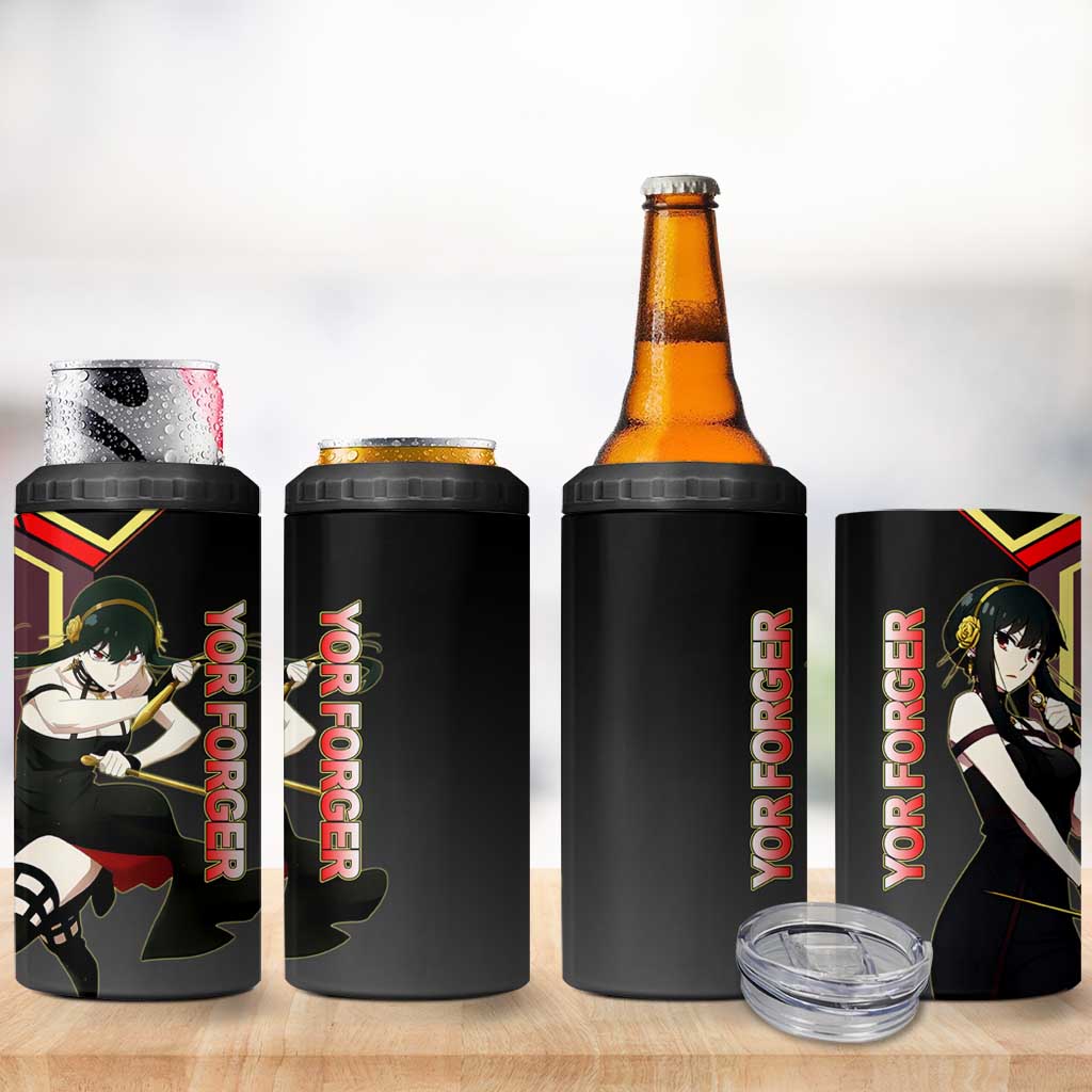 Yor Forger Spy x Family Red and Black Assassin Theme 4 in 1 Can Cooler Tumbler with Elegant Weapon Pose and Bold Color Accents - The Mazicc