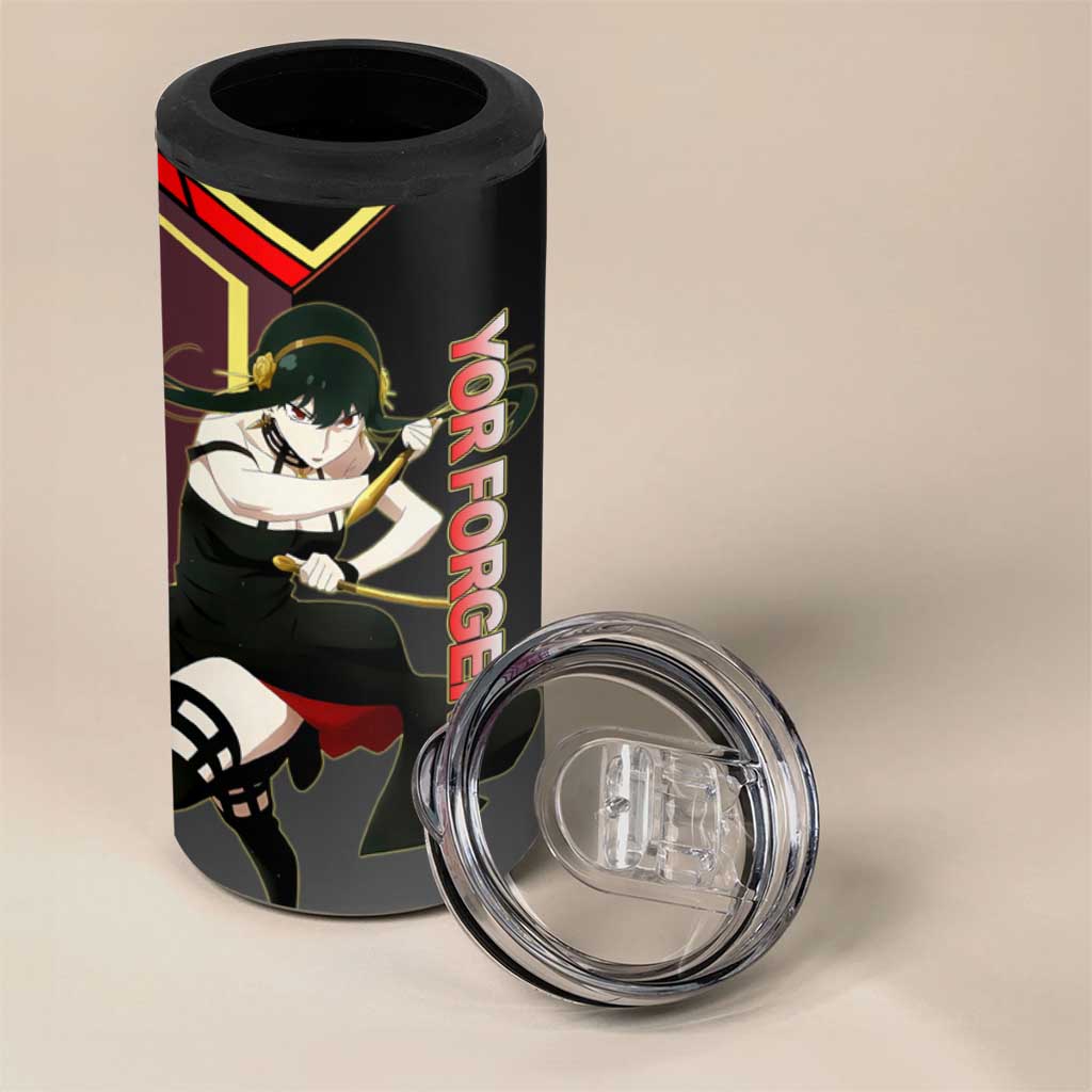 Yor Forger Spy x Family Red and Black Assassin Theme 4 in 1 Can Cooler Tumbler with Elegant Weapon Pose and Bold Color Accents - The Mazicc