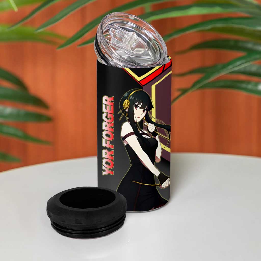 Yor Forger Spy x Family Red and Black Assassin Theme 4 in 1 Can Cooler Tumbler with Elegant Weapon Pose and Bold Color Accents - The Mazicc