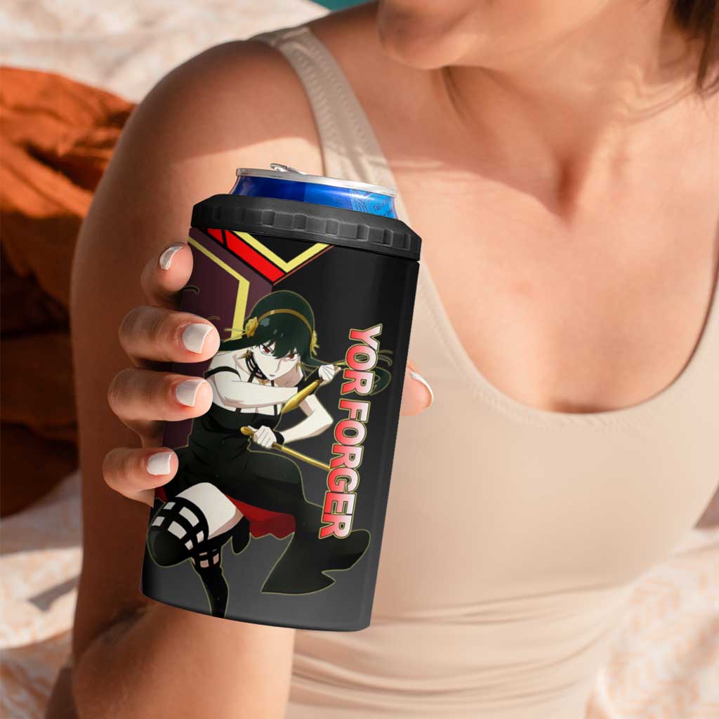 Yor Forger Spy x Family Red and Black Assassin Theme 4 in 1 Can Cooler Tumbler with Elegant Weapon Pose and Bold Color Accents - The Mazicc
