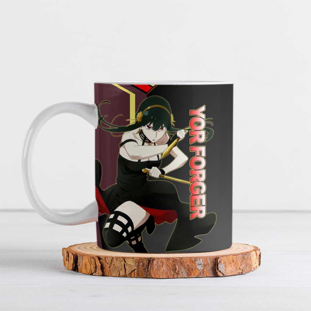 Yor Forger Spy x Family Red and Black Assassin Theme Ceramic Mug with Elegant Weapon Pose and Bold Color Accents - The Mazicc