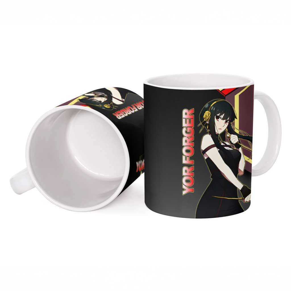Yor Forger Spy x Family Red and Black Assassin Theme Ceramic Mug with Elegant Weapon Pose and Bold Color Accents - The Mazicc
