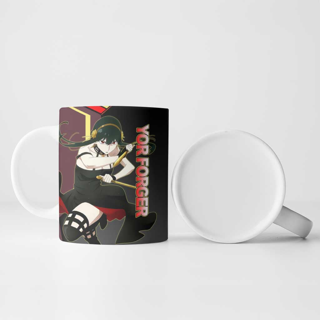 Yor Forger Spy x Family Red and Black Assassin Theme Ceramic Mug with Elegant Weapon Pose and Bold Color Accents - The Mazicc