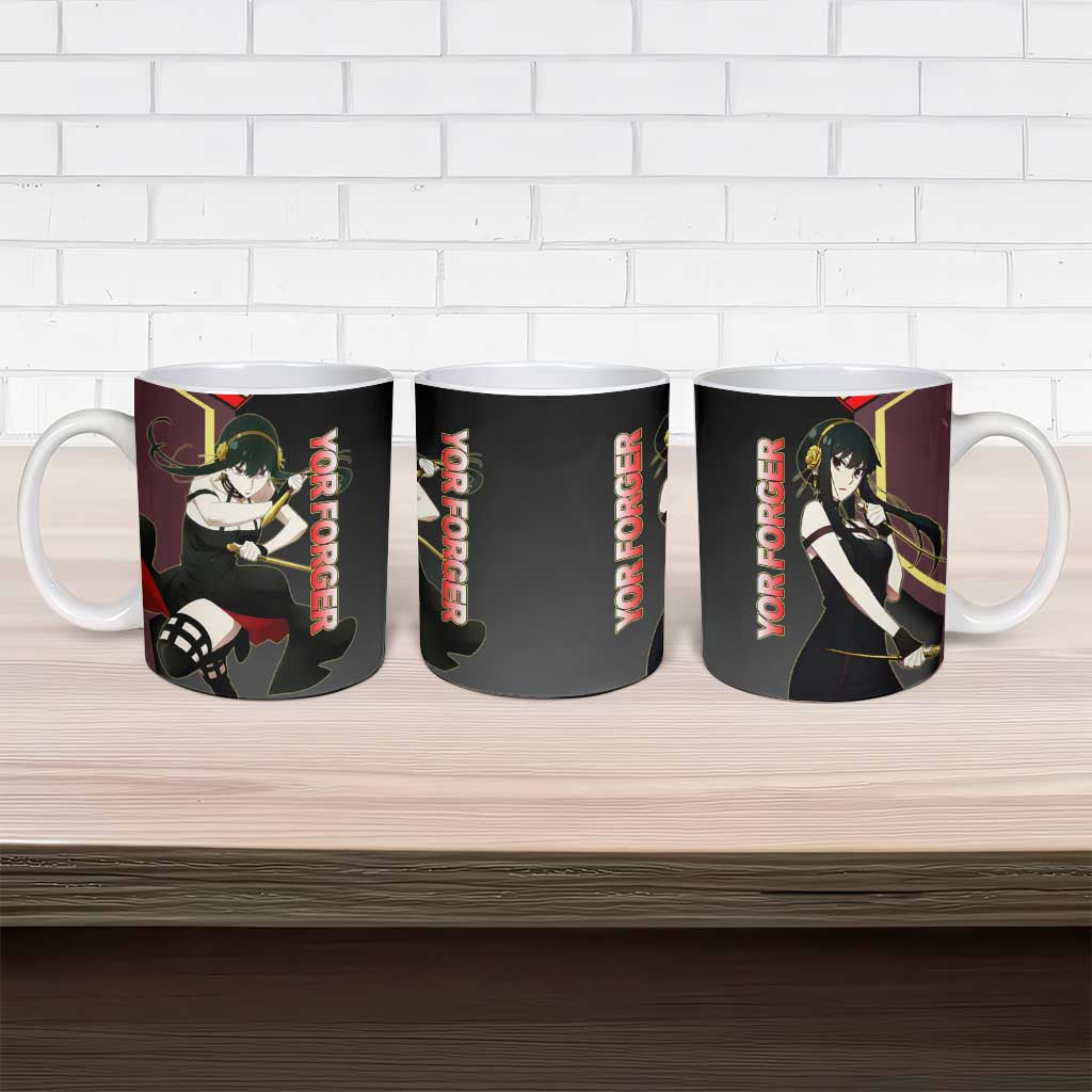 Yor Forger Spy x Family Red and Black Assassin Theme Ceramic Mug with Elegant Weapon Pose and Bold Color Accents - The Mazicc