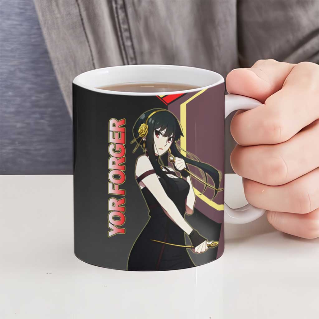 Yor Forger Spy x Family Red and Black Assassin Theme Ceramic Mug with Elegant Weapon Pose and Bold Color Accents - The Mazicc