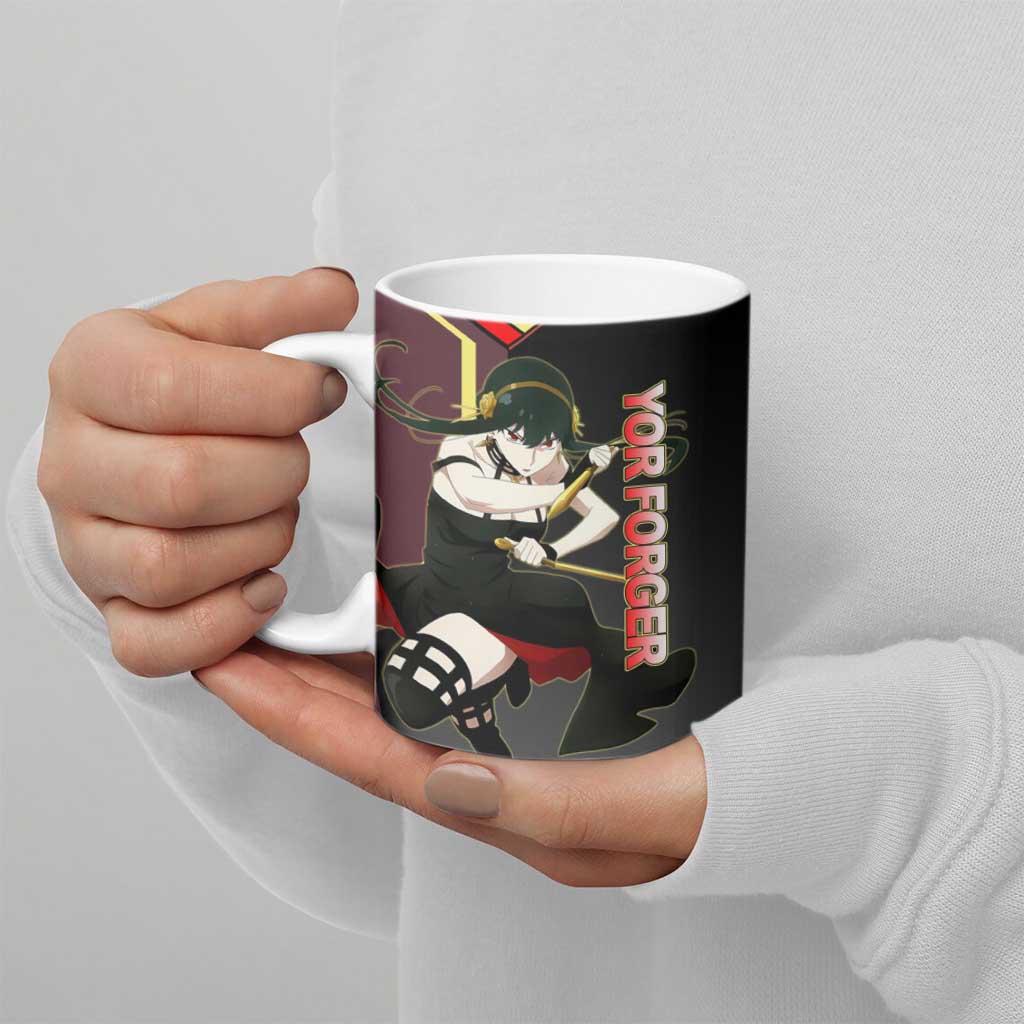 Yor Forger Spy x Family Red and Black Assassin Theme Ceramic Mug with Elegant Weapon Pose and Bold Color Accents - The Mazicc