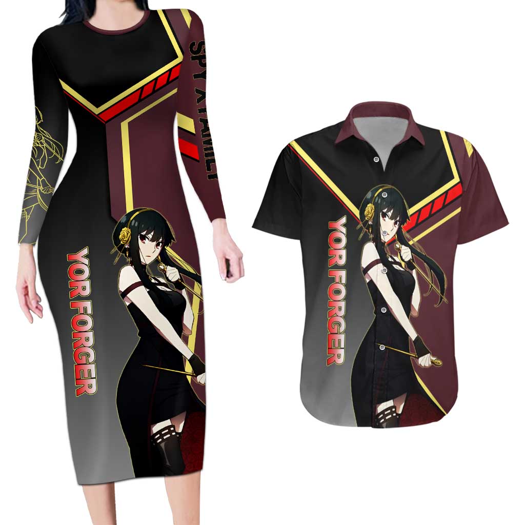 Yor Forger Spy x Family Red and Black Assassin Theme Couples Matching Long Sleeve Bodycon Dress and Hawaiian Shirt with Elegant Weapon Pose and Bold Color Accents - The Mazicc