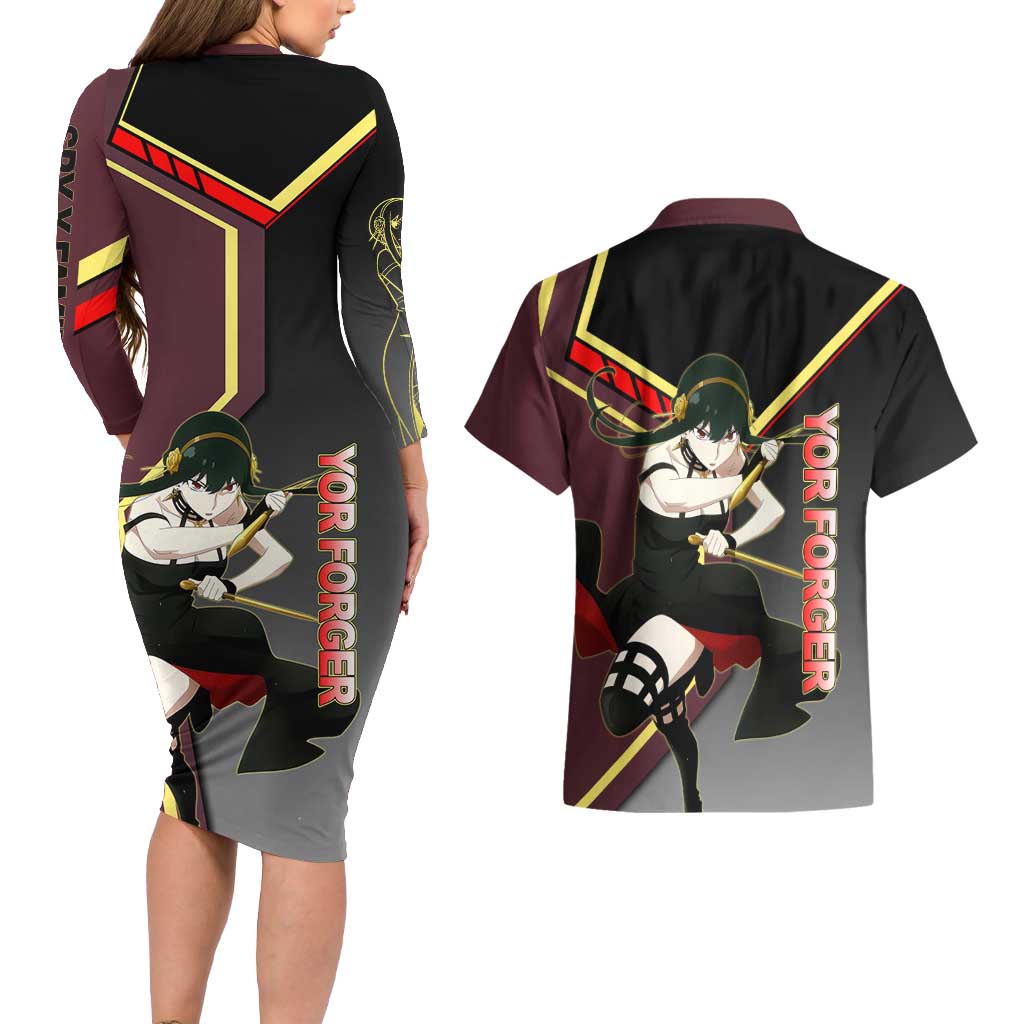 Yor Forger Spy x Family Red and Black Assassin Theme Couples Matching Long Sleeve Bodycon Dress and Hawaiian Shirt with Elegant Weapon Pose and Bold Color Accents - The Mazicc
