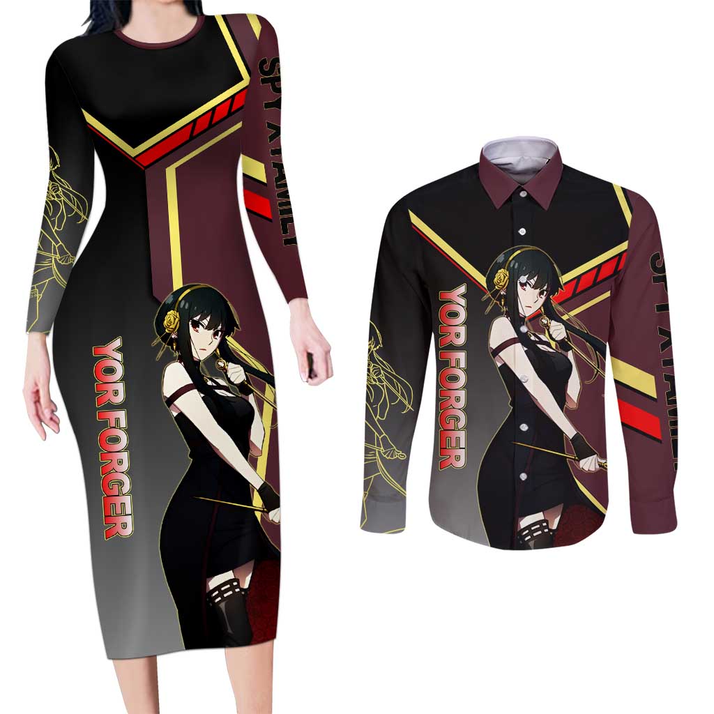 Yor Forger Spy x Family Red and Black Assassin Theme Couples Matching Long Sleeve Bodycon Dress and Long Sleeve Button Shirt with Elegant Weapon Pose and Bold Color Accents - The Mazicc