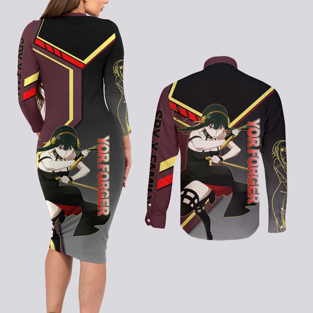 Yor Forger Spy x Family Red and Black Assassin Theme Couples Matching Long Sleeve Bodycon Dress and Long Sleeve Button Shirt with Elegant Weapon Pose and Bold Color Accents - The Mazicc