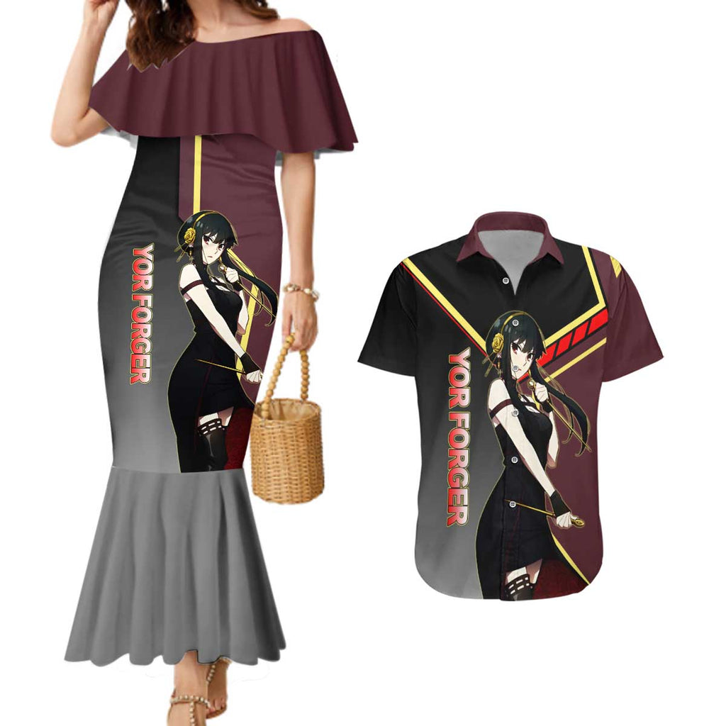 Yor Forger Spy x Family Red and Black Assassin Theme Couples Matching Mermaid Dress and Hawaiian Shirt with Elegant Weapon Pose and Bold Color Accents - The Mazicc
