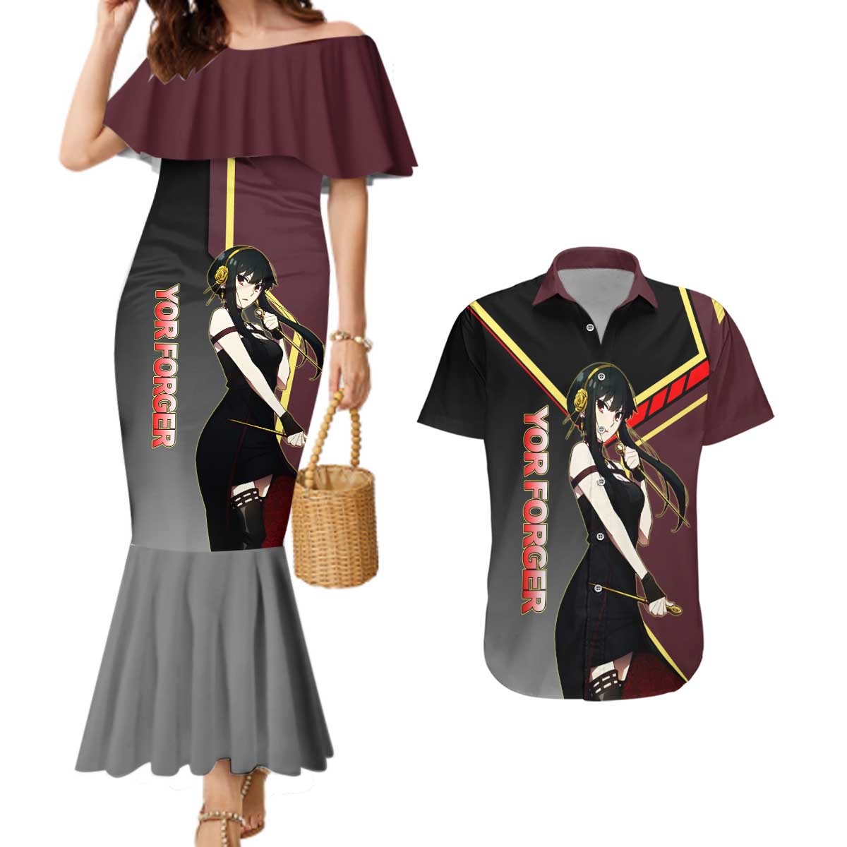 Yor Forger Spy x Family Red and Black Assassin Theme Couples Matching Mermaid Dress and Hawaiian Shirt with Elegant Weapon Pose and Bold Color Accents - The Mazicc
