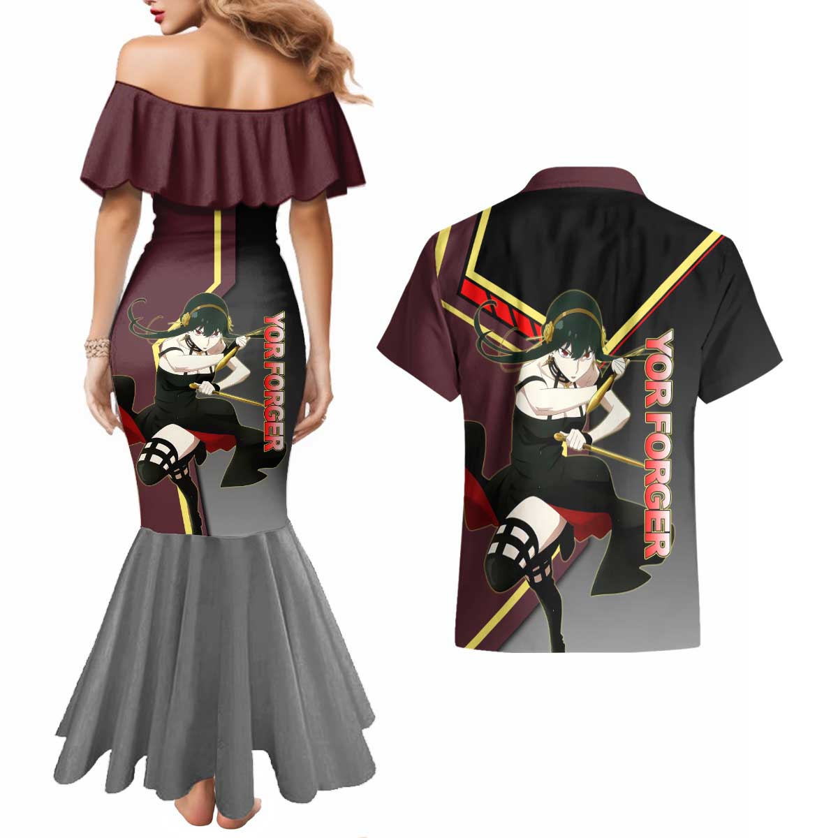 Yor Forger Spy x Family Red and Black Assassin Theme Couples Matching Mermaid Dress and Hawaiian Shirt with Elegant Weapon Pose and Bold Color Accents - The Mazicc
