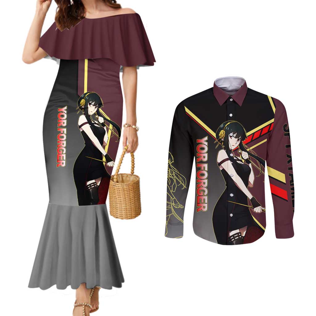 Yor Forger Spy x Family Red and Black Assassin Theme Couples Matching Mermaid Dress and Long Sleeve Button Shirt with Elegant Weapon Pose and Bold Color Accents - The Mazicc