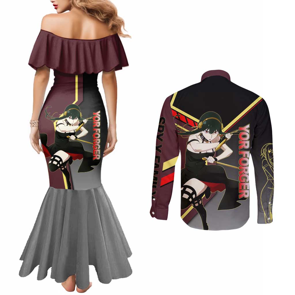 Yor Forger Spy x Family Red and Black Assassin Theme Couples Matching Mermaid Dress and Long Sleeve Button Shirt with Elegant Weapon Pose and Bold Color Accents - The Mazicc