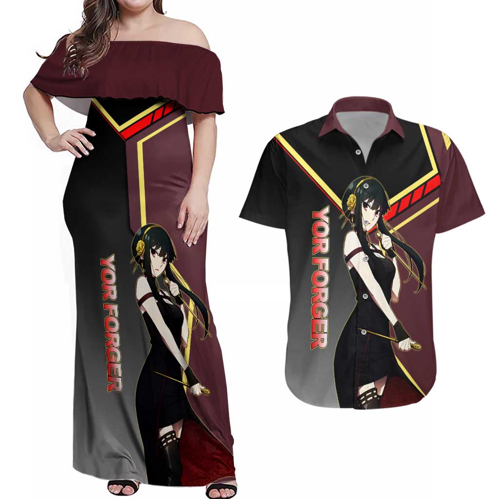 Yor Forger Spy x Family Red and Black Assassin Theme Couples Matching Off Shoulder Maxi Dress and Hawaiian Shirt with Elegant Weapon Pose and Bold Color Accents - The Mazicc