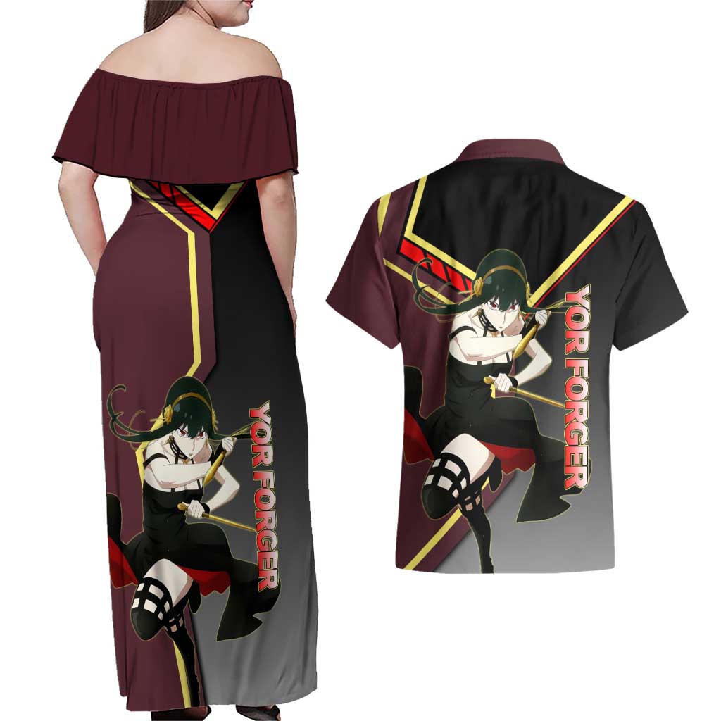 Yor Forger Spy x Family Red and Black Assassin Theme Couples Matching Off Shoulder Maxi Dress and Hawaiian Shirt with Elegant Weapon Pose and Bold Color Accents - The Mazicc