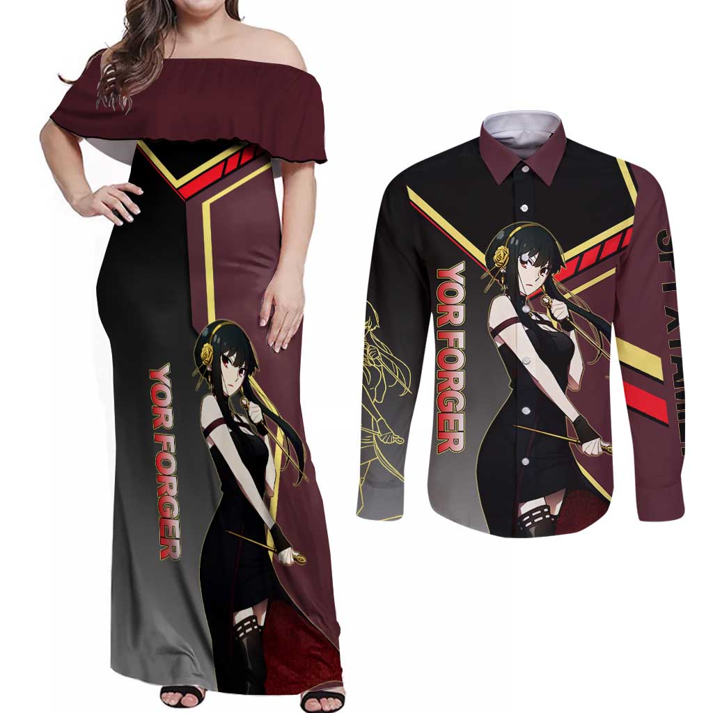 Yor Forger Spy x Family Red and Black Assassin Theme Couples Matching Off Shoulder Maxi Dress and Long Sleeve Button Shirt with Elegant Weapon Pose and Bold Color Accents - The Mazicc