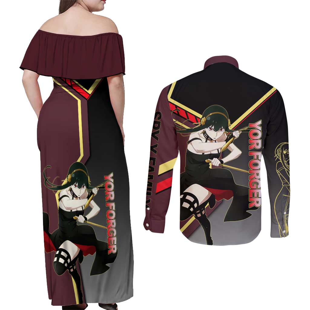 Yor Forger Spy x Family Red and Black Assassin Theme Couples Matching Off Shoulder Maxi Dress and Long Sleeve Button Shirt with Elegant Weapon Pose and Bold Color Accents - The Mazicc