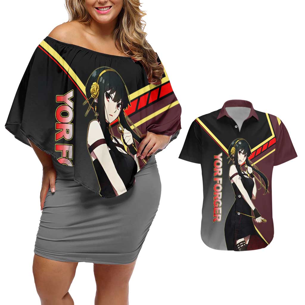 Yor Forger Spy x Family Red and Black Assassin Theme Couples Matching Off Shoulder Short Dress and Hawaiian Shirt with Elegant Weapon Pose and Bold Color Accents - The Mazicc