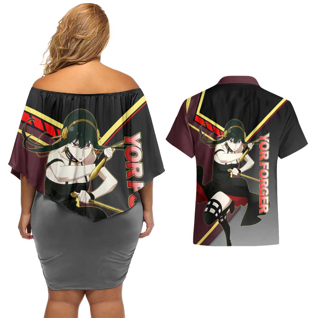 Yor Forger Spy x Family Red and Black Assassin Theme Couples Matching Off Shoulder Short Dress and Hawaiian Shirt with Elegant Weapon Pose and Bold Color Accents - The Mazicc