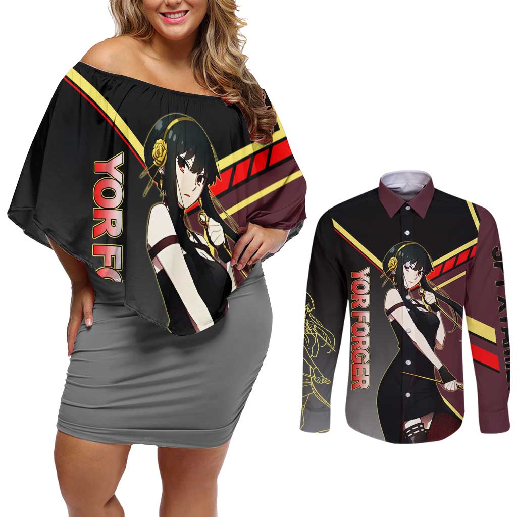 Yor Forger Spy x Family Red and Black Assassin Theme Couples Matching Off Shoulder Short Dress and Long Sleeve Button Shirt with Elegant Weapon Pose and Bold Color Accents - The Mazicc