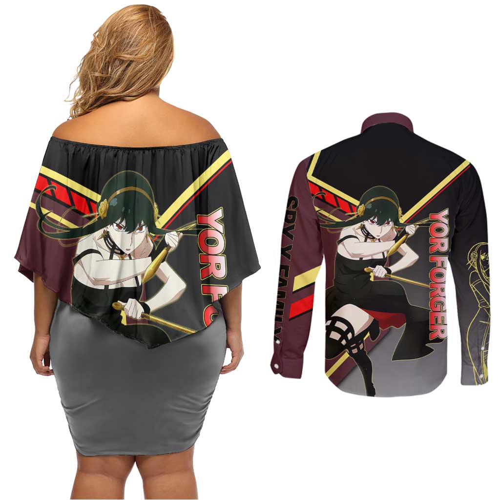 Yor Forger Spy x Family Red and Black Assassin Theme Couples Matching Off Shoulder Short Dress and Long Sleeve Button Shirt with Elegant Weapon Pose and Bold Color Accents - The Mazicc