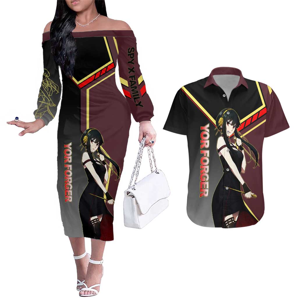 Yor Forger Spy x Family Red and Black Assassin Theme Couples Matching Off The Shoulder Long Sleeve Dress and Hawaiian Shirt with Elegant Weapon Pose and Bold Color Accents - The Mazicc