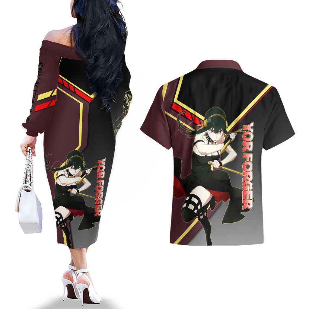 Yor Forger Spy x Family Red and Black Assassin Theme Couples Matching Off The Shoulder Long Sleeve Dress and Hawaiian Shirt with Elegant Weapon Pose and Bold Color Accents - The Mazicc