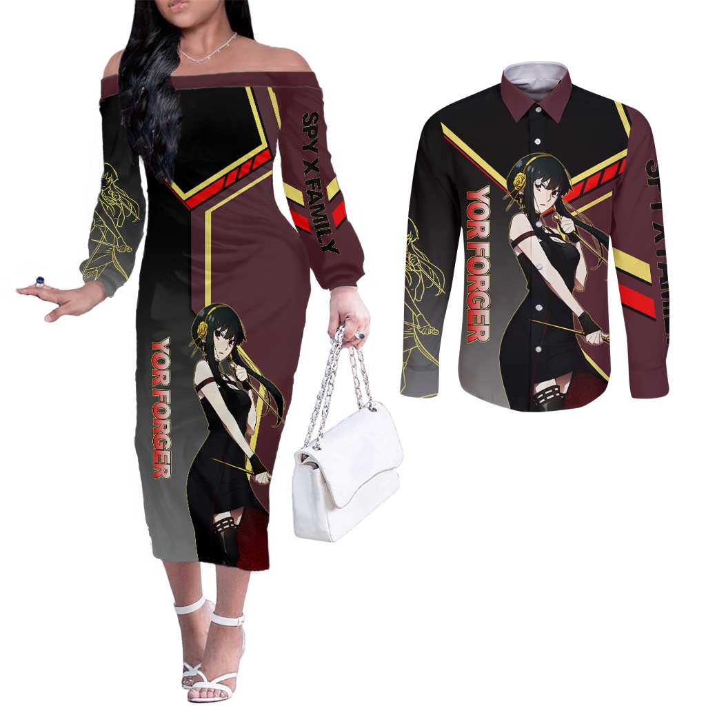 Yor Forger Spy x Family Red and Black Assassin Theme Couples Matching Off The Shoulder Long Sleeve Dress and Long Sleeve Button Shirt with Elegant Weapon Pose and Bold Color Accents - The Mazicc