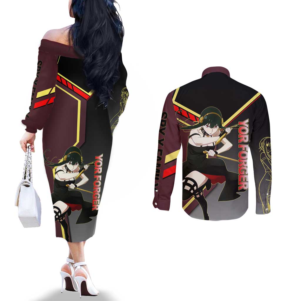 Yor Forger Spy x Family Red and Black Assassin Theme Couples Matching Off The Shoulder Long Sleeve Dress and Long Sleeve Button Shirt with Elegant Weapon Pose and Bold Color Accents - The Mazicc