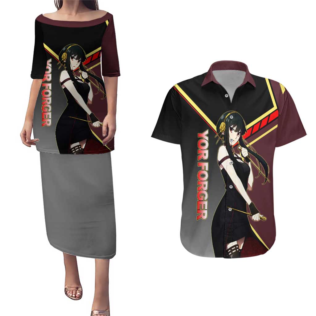 Yor Forger Spy x Family Red and Black Assassin Theme Couples Matching Puletasi and Hawaiian Shirt with Elegant Weapon Pose and Bold Color Accents - The Mazicc
