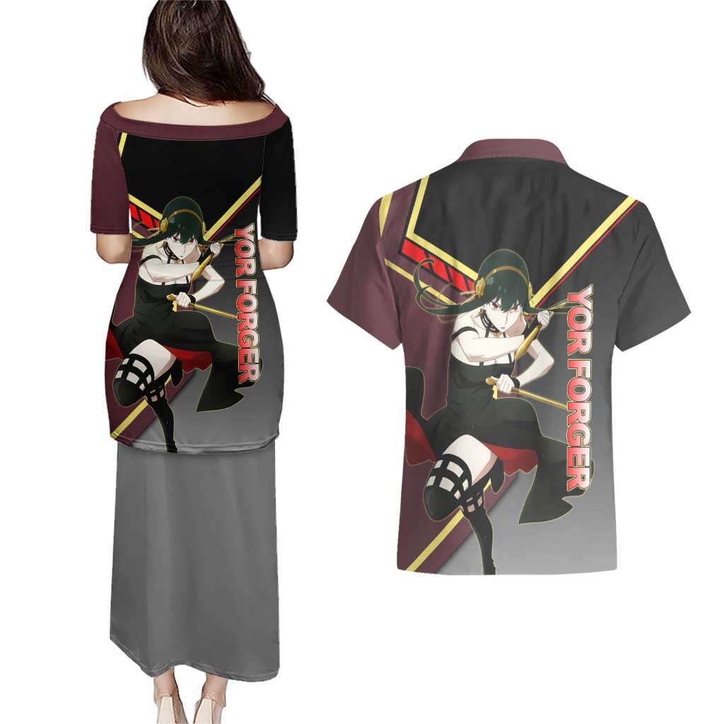 Yor Forger Spy x Family Red and Black Assassin Theme Couples Matching Puletasi and Hawaiian Shirt with Elegant Weapon Pose and Bold Color Accents - The Mazicc