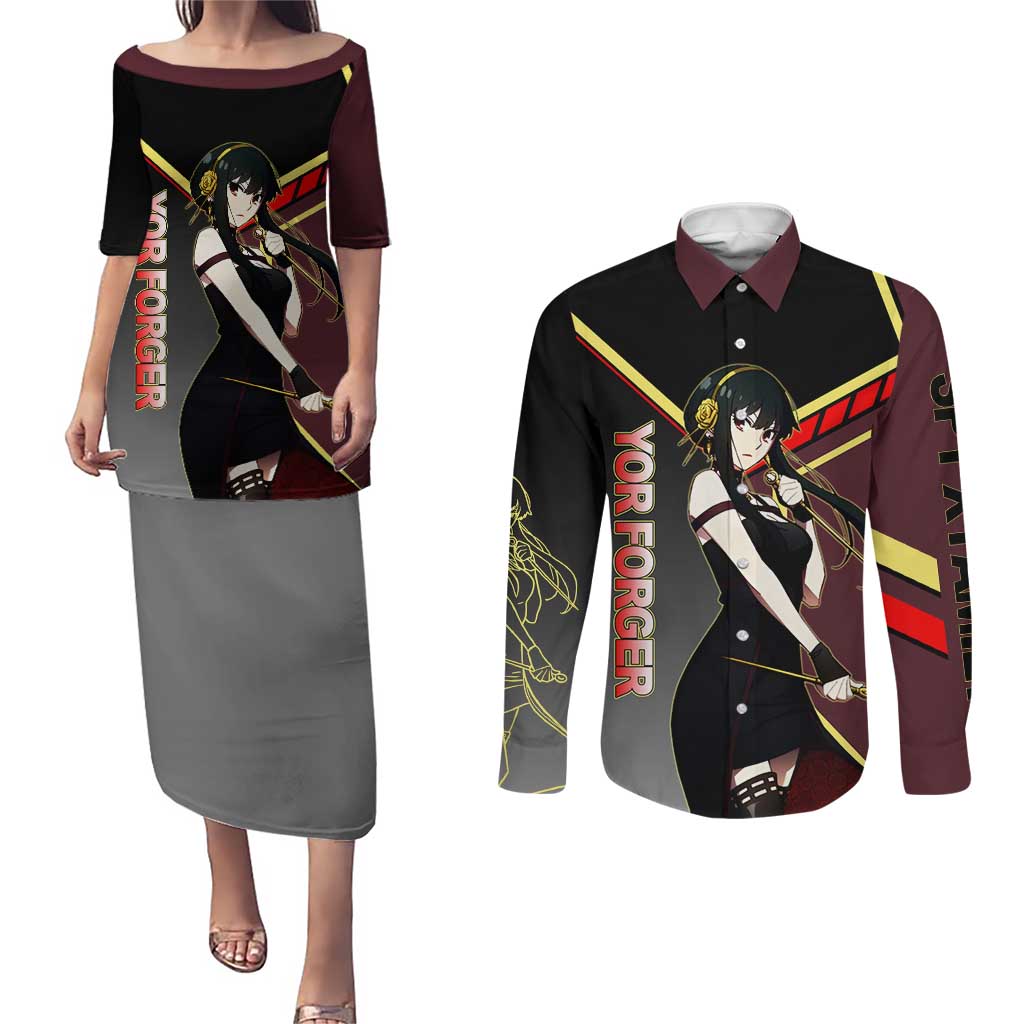 Yor Forger Spy x Family Red and Black Assassin Theme Couples Matching Puletasi and Long Sleeve Button Shirt with Elegant Weapon Pose and Bold Color Accents - The Mazicc