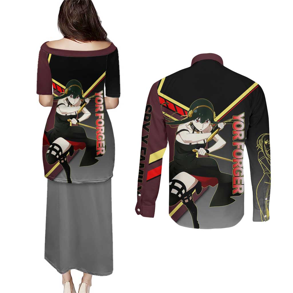 Yor Forger Spy x Family Red and Black Assassin Theme Couples Matching Puletasi and Long Sleeve Button Shirt with Elegant Weapon Pose and Bold Color Accents - The Mazicc