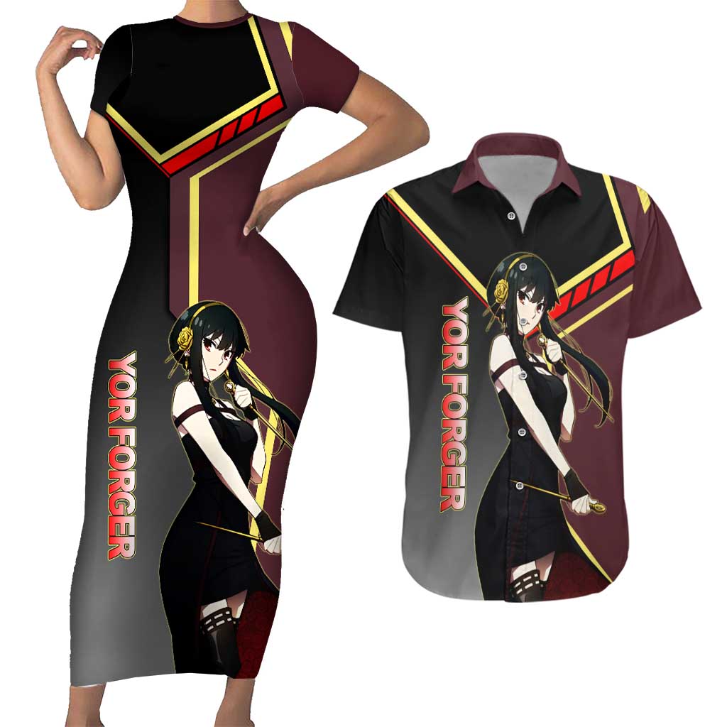Yor Forger Spy x Family Red and Black Assassin Theme Couples Matching Short Sleeve Bodycon Dress and Hawaiian Shirt with Elegant Weapon Pose and Bold Color Accents - The Mazicc