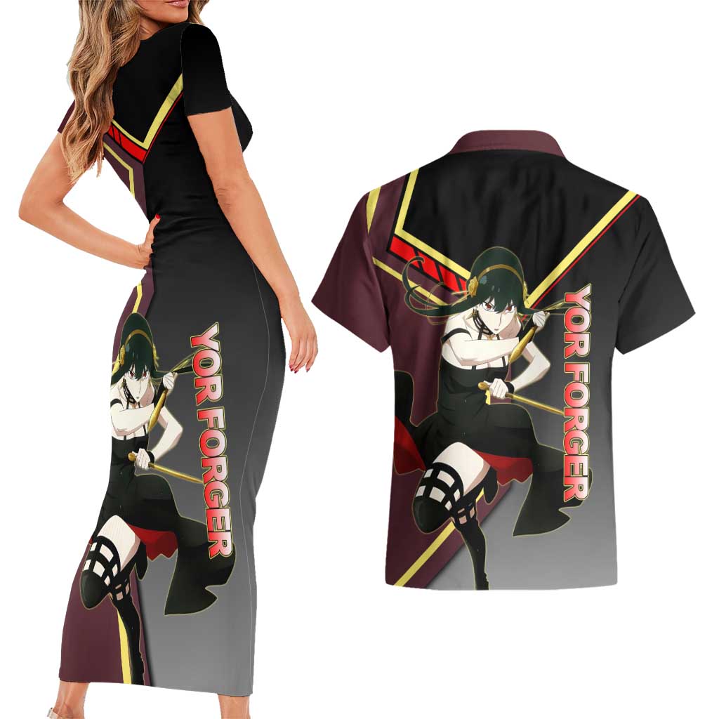Yor Forger Spy x Family Red and Black Assassin Theme Couples Matching Short Sleeve Bodycon Dress and Hawaiian Shirt with Elegant Weapon Pose and Bold Color Accents - The Mazicc